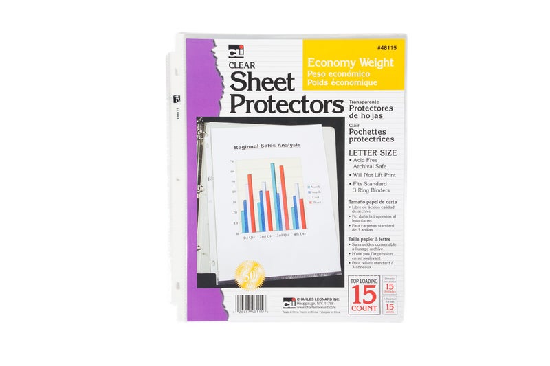 Charles Leonard Sheet Protectors, Top Loading with Binder Holes, 2 Mils Economy Weight, Letter Size, Clear, 15-Pack (48115) - Image 1